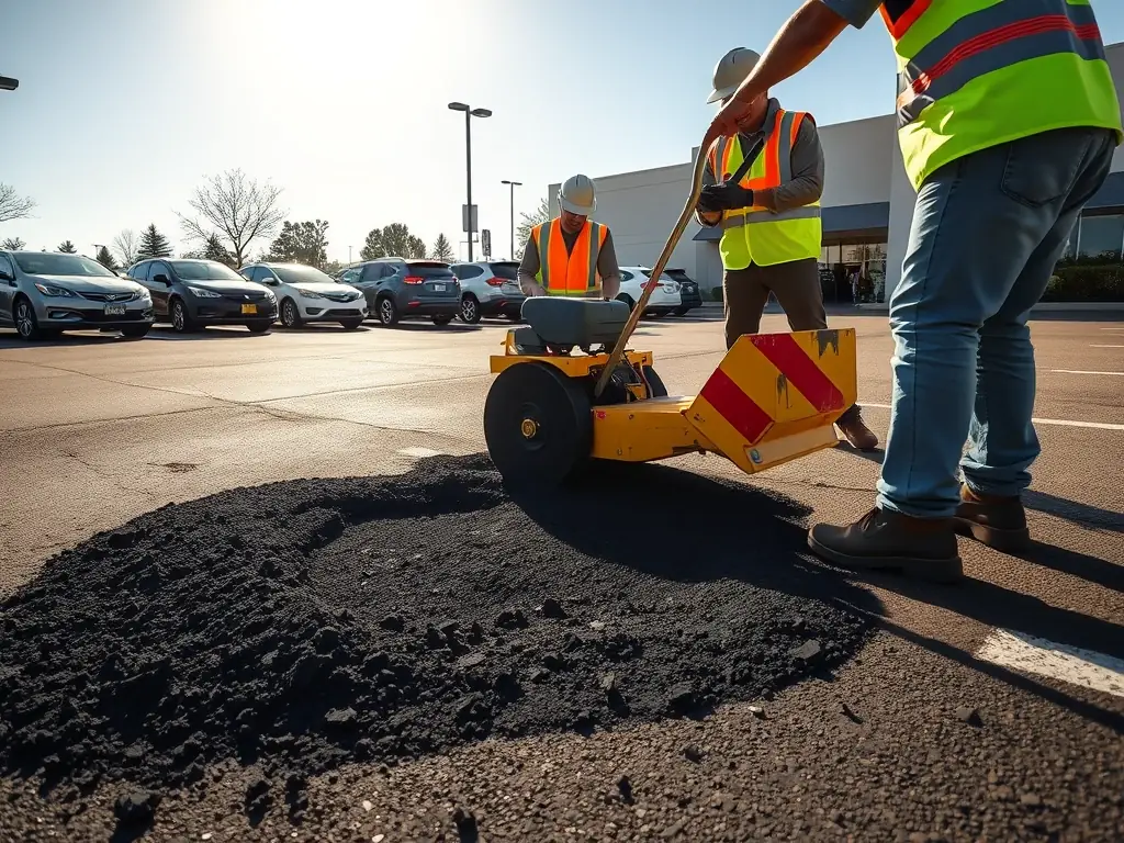 A high-angle shot of asphalt repair work in progress, showing workers filling a pothole with hot mix asphalt and compacting it with a vibratory plate compactor. The scene is set in a commercial parking lot with other vehicles parked nearby.