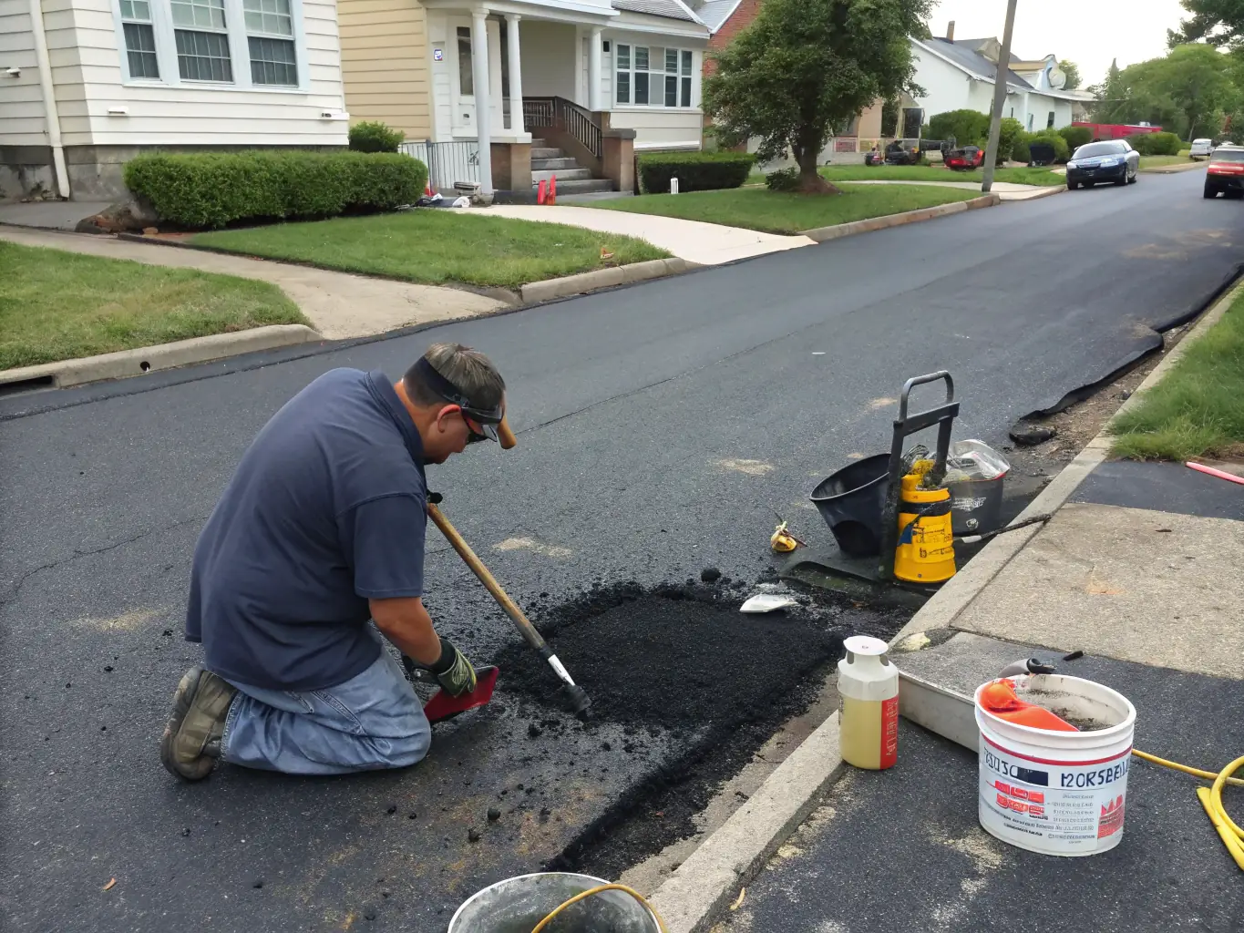 A team of technicians repairing a large pothole on a commercial parking lot with fresh asphalt, showcasing Oba Construction Inc.'s asphalt repair service.