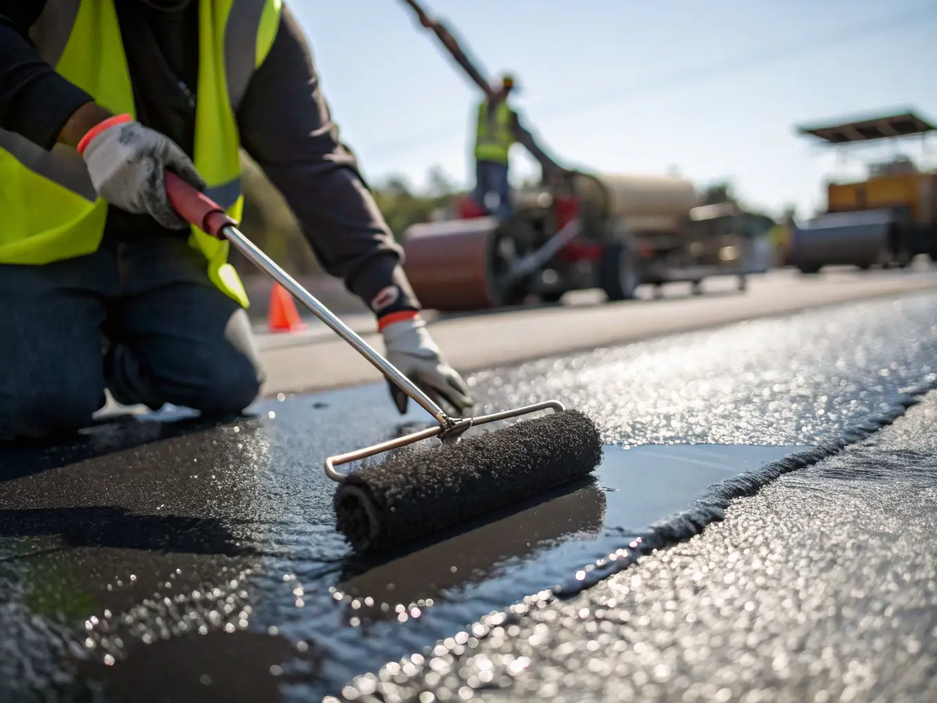 A professional applying asphalt sealant to a parking lot with a roller brush, illustrating Oba Construction Inc.'s sealing service.