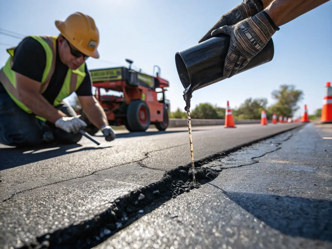 Close-up of asphalt cracks being filled with a hot rubberized sealant, demonstrating Oba Construction Inc.'s crack filling service.