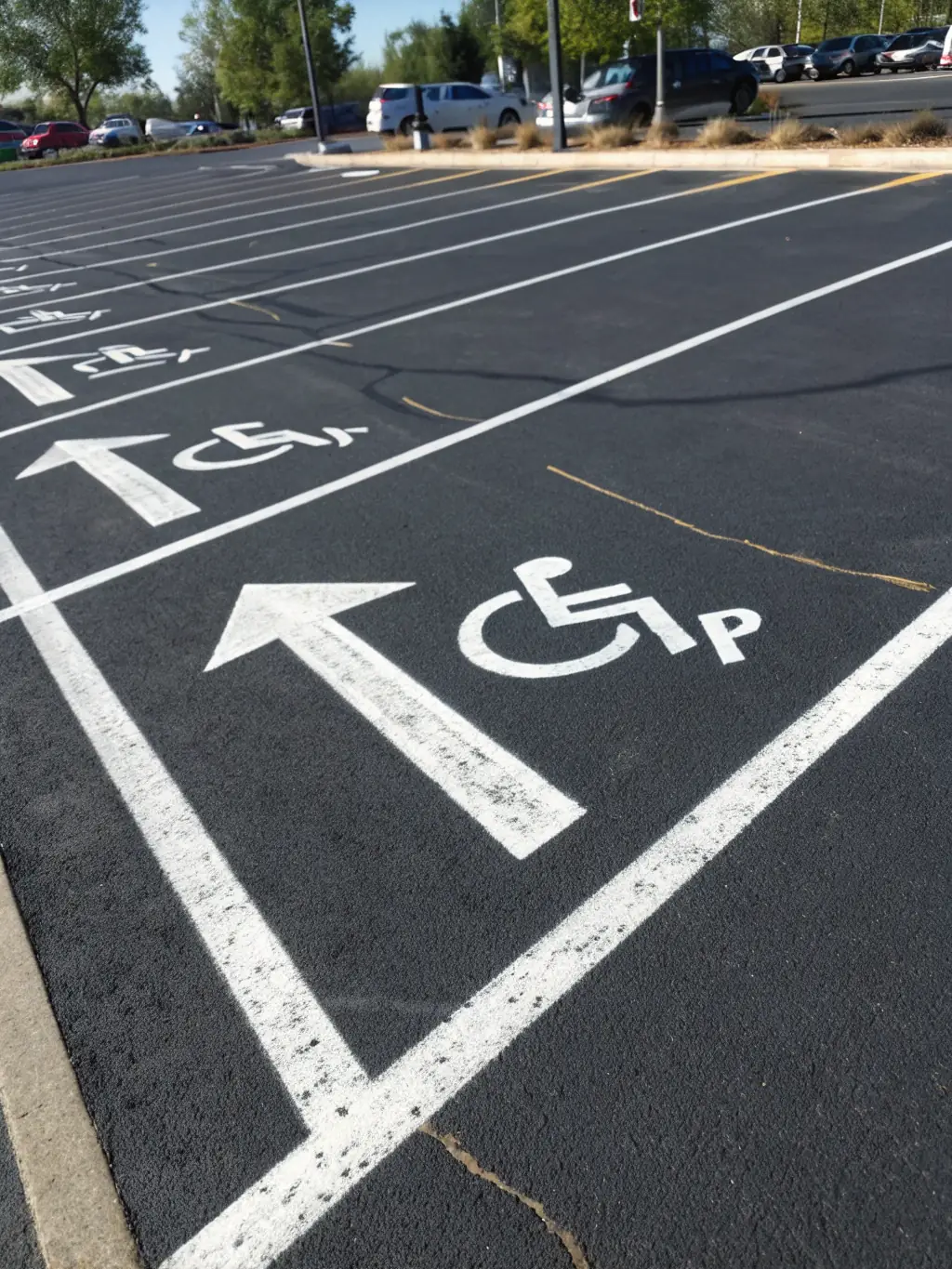 A picture of a newly painted parking lot with crisp, bright lines and clear markings. The image should demonstrate the precision and professionalism of the line painting service.