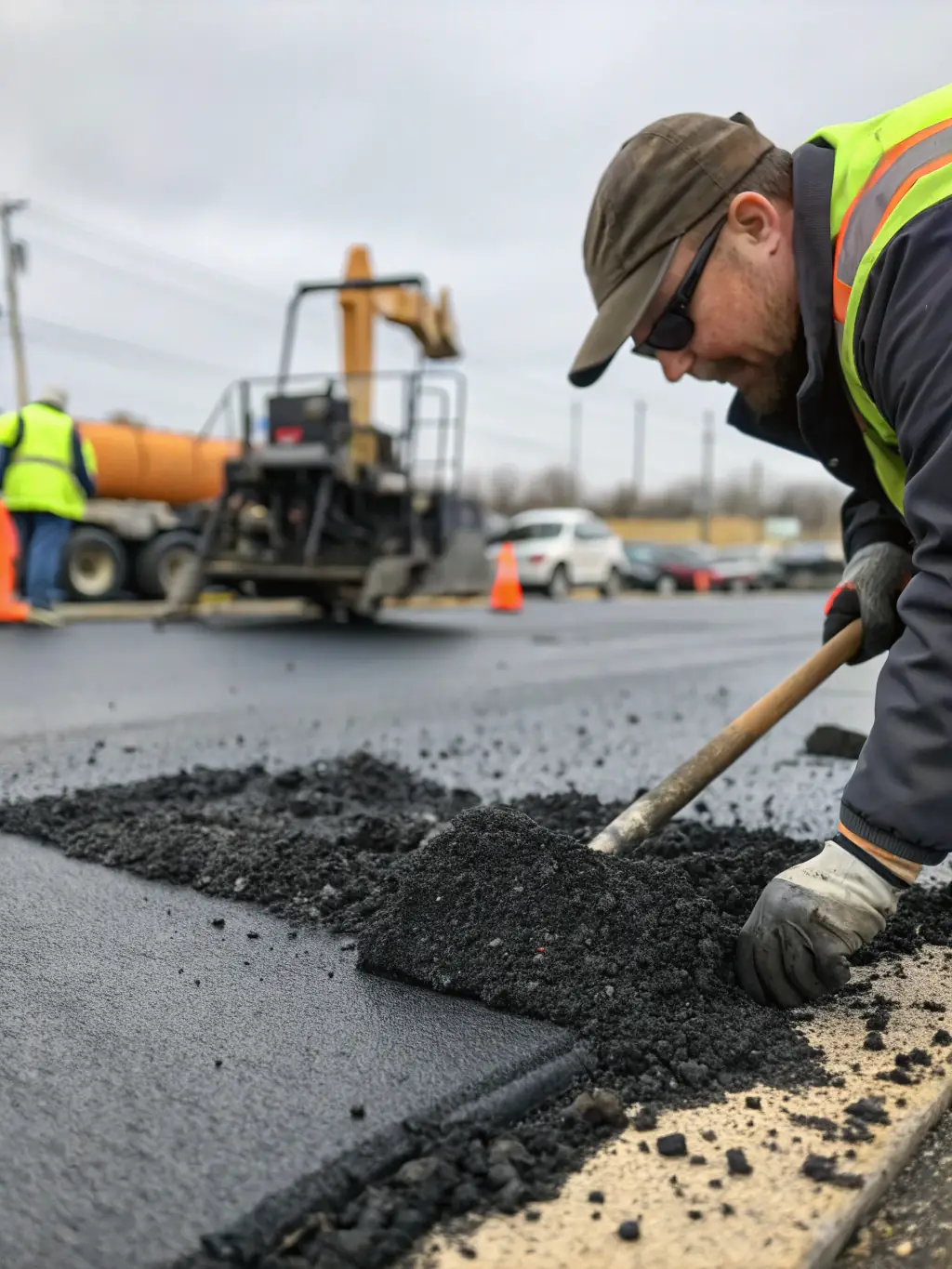 A close-up shot of asphalt repair work in progress, showing a worker filling a pothole with hot asphalt and using tools to smooth the surface. The image should convey precision and quality.