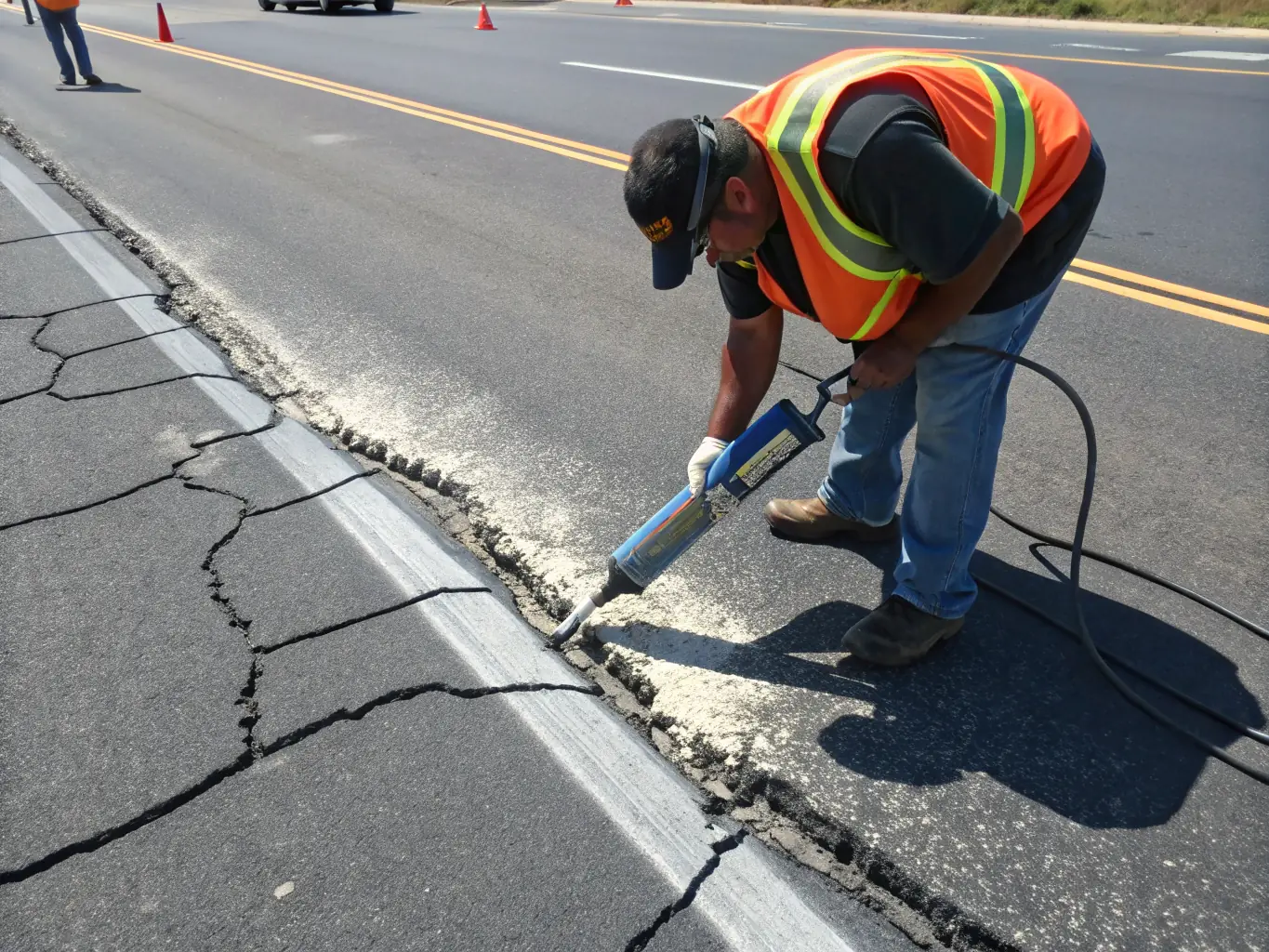 A close-up shot of crack filling in asphalt pavement, showing a worker using a hot sealant applicator to fill cracks. The focus is on the sealant being applied and the texture of the asphalt.
