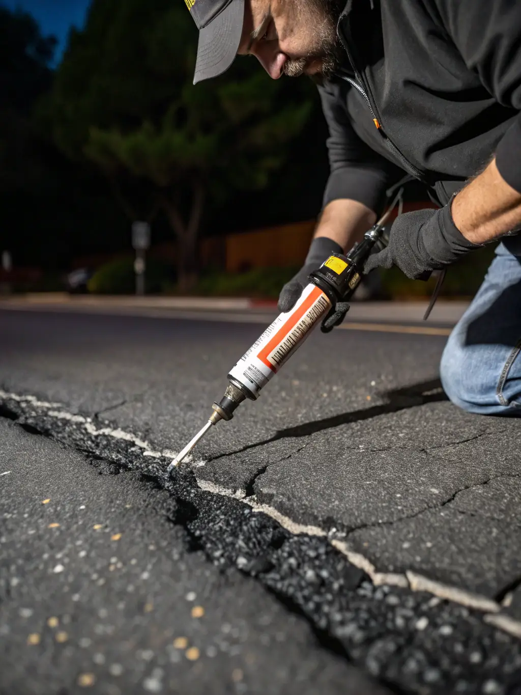A photograph of a crack filling operation on a commercial parking lot, with workers applying sealant to cracks in the asphalt. The image should highlight the attention to detail and preventative nature of the service.